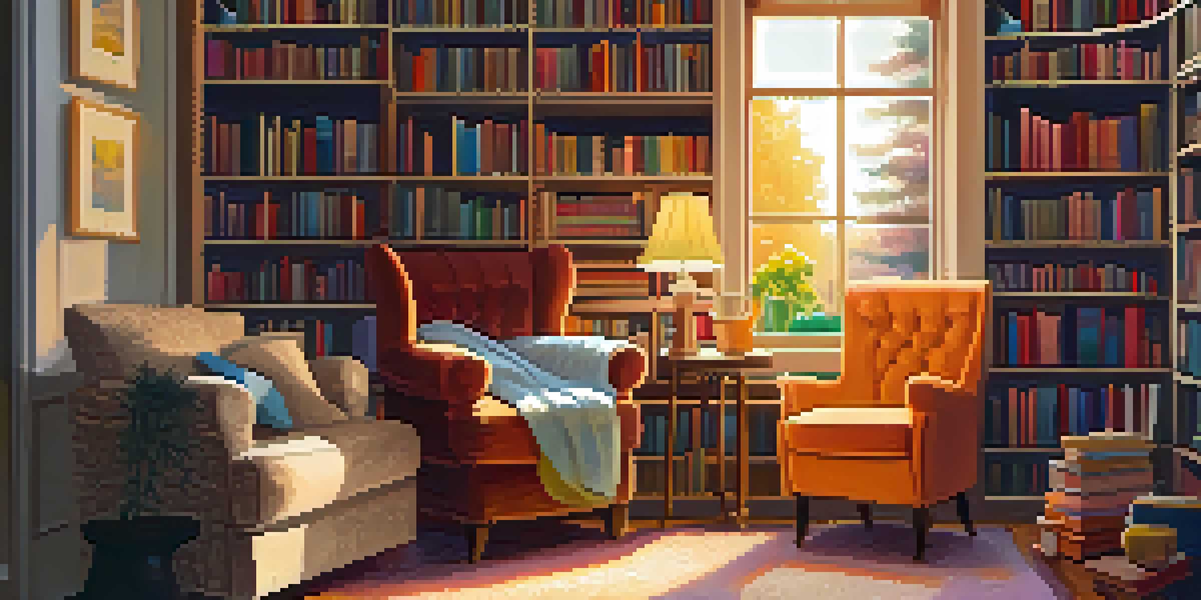 A warm and inviting reading nook with bookshelves, an armchair, a lamp, and a cup of tea.