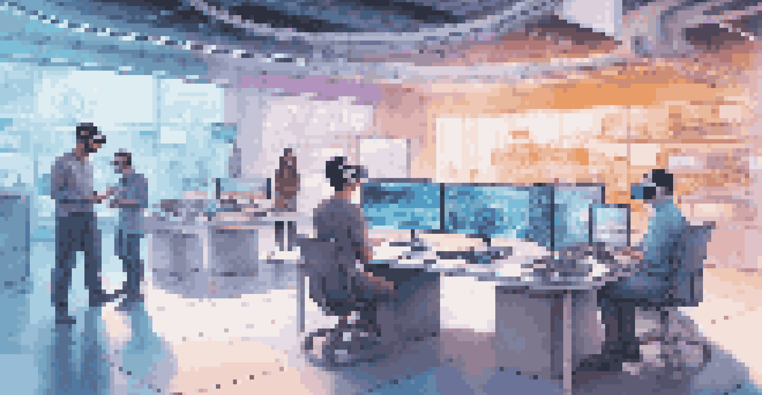 Engineers in a bright workspace using virtual reality headsets to interact with digital twins, with holographic displays of electronic devices surrounding them.