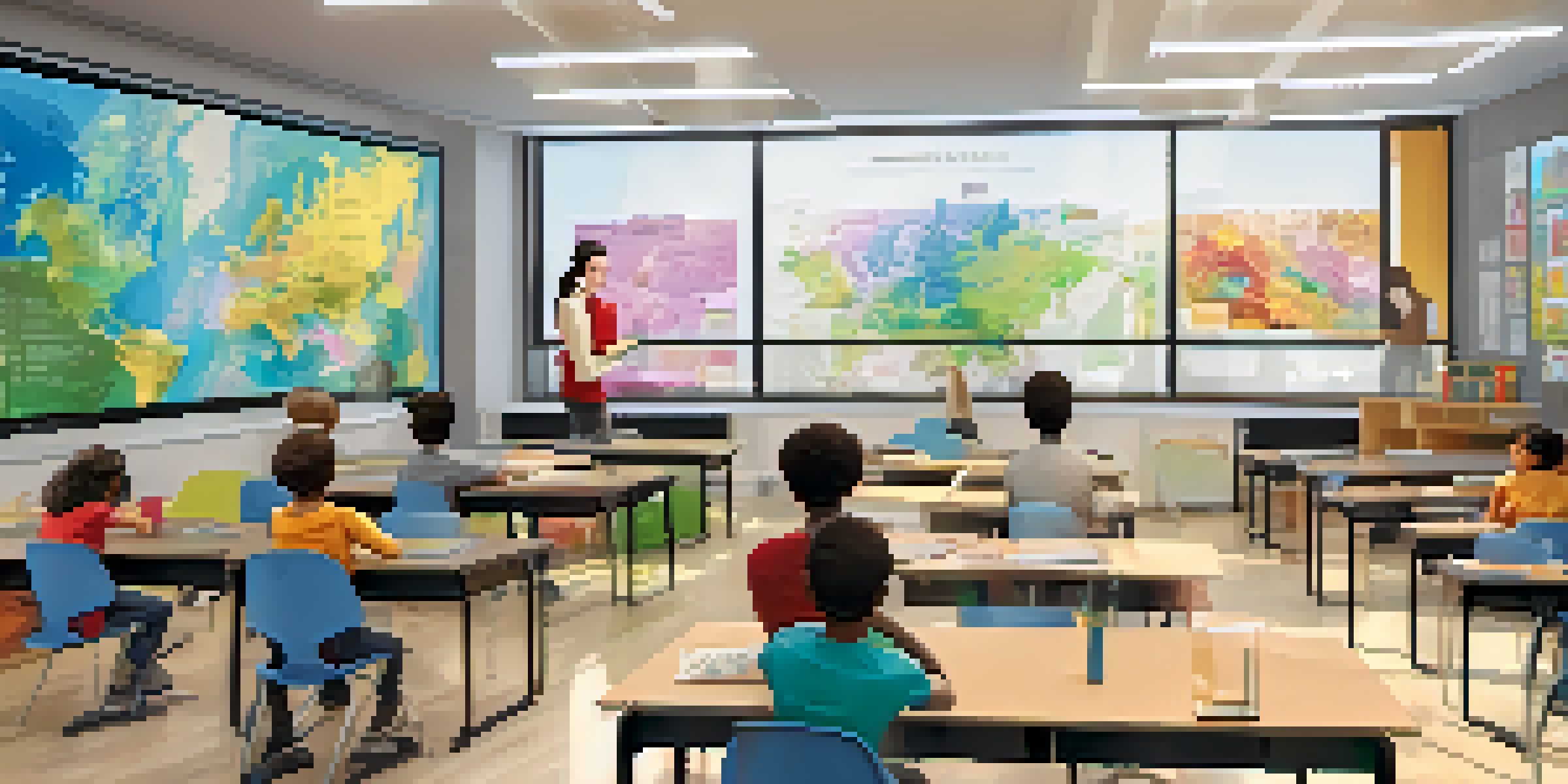 A classroom with students interacting with digital 3D models of the human body on screens, surrounded by bright natural light and educational posters.