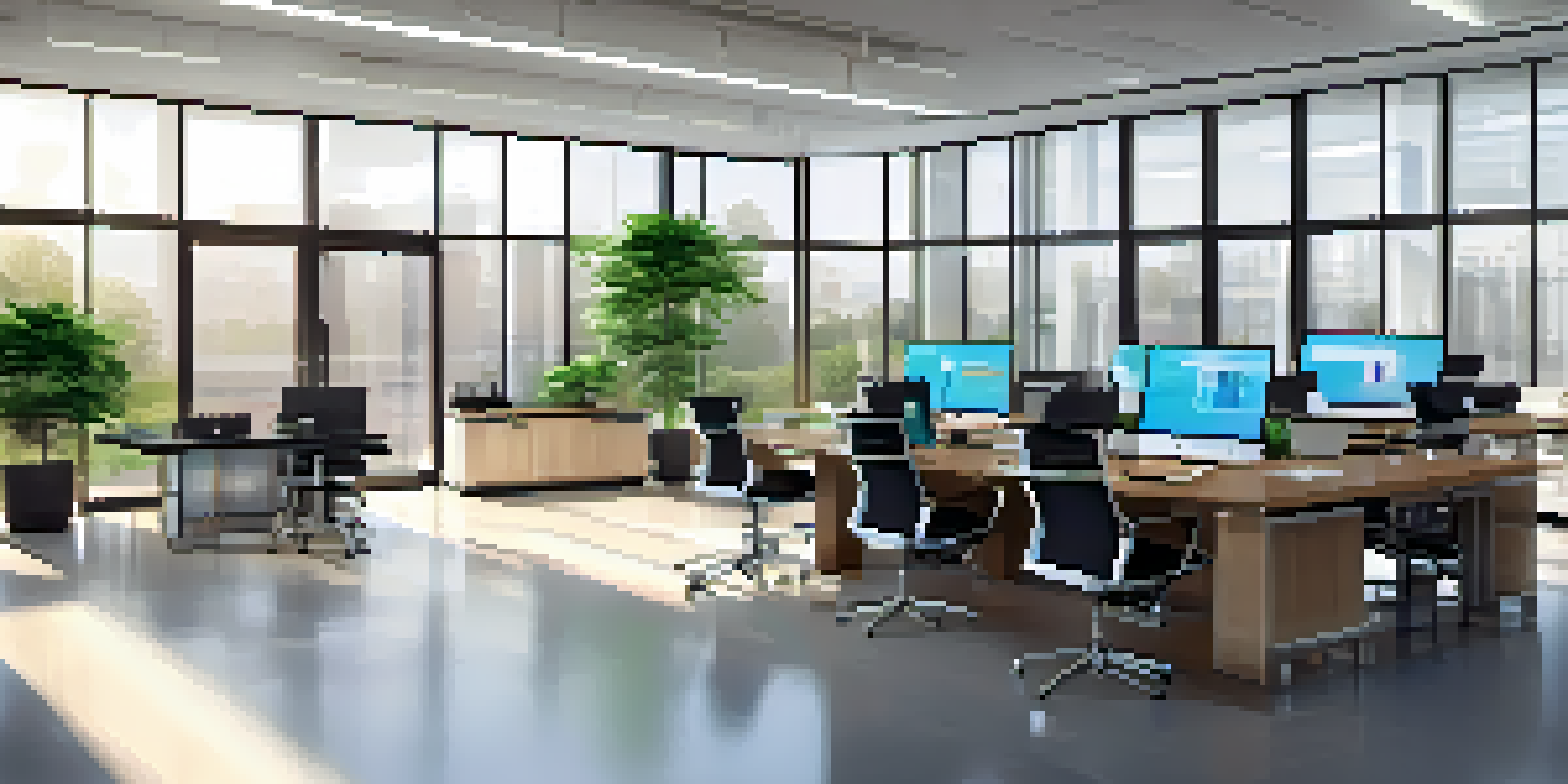 A well-lit modern office with a conference table, laptops, and cybersecurity certificates on the walls.