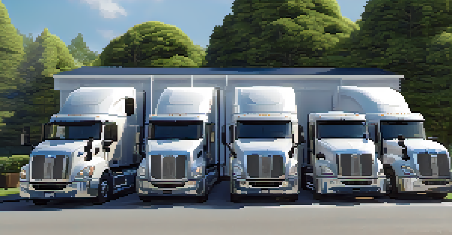 A fleet of trucks in a yard with a technician holding a digital tablet displaying monitoring data.