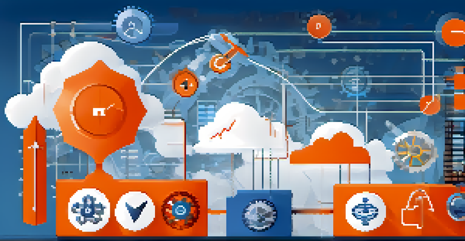A balanced scale illustrating the integration of ITSM with gears and checklists on one side, and DevOps with lightning bolts and cloud symbols on the other.