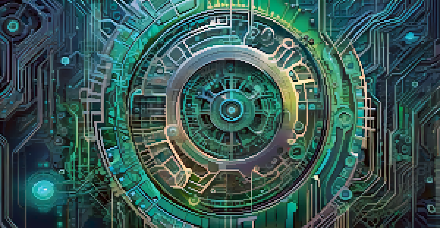 An abstract image of interconnected gears and circuits on a gradient background representing digital transformation.