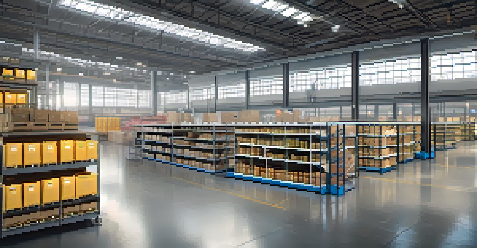 A busy warehouse filled with robots and automated systems, illuminated by natural light, showcasing inventory management data.