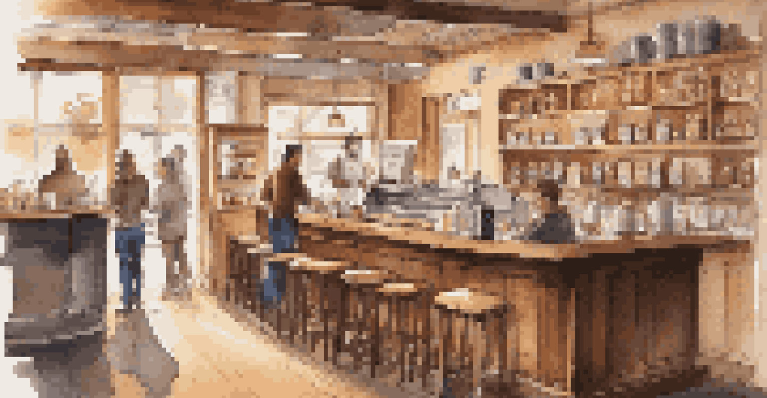 A warm and inviting coffee shop interior with wooden furniture, ambient lighting, and a barista preparing coffee.