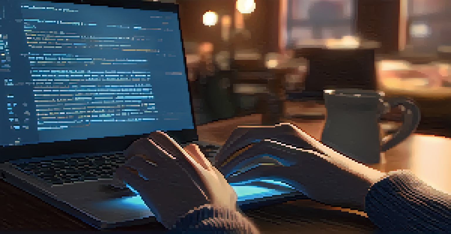 A developer's hands typing on a laptop with code on the screen in a cozy room.