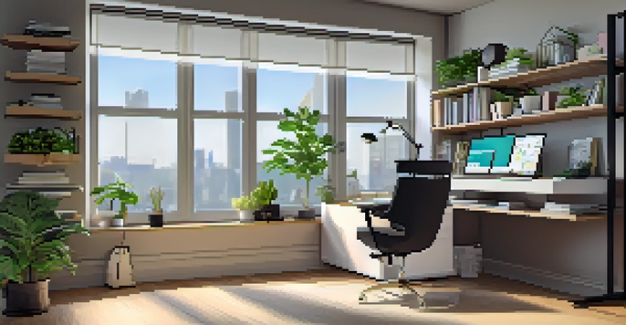 A bright and modern home office featuring a desk with a computer displaying augmented reality interfaces, a comfortable chair, and a bookshelf.