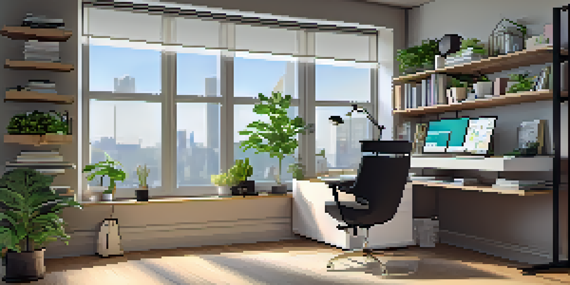 A bright and modern home office featuring a desk with a computer displaying augmented reality interfaces, a comfortable chair, and a bookshelf.