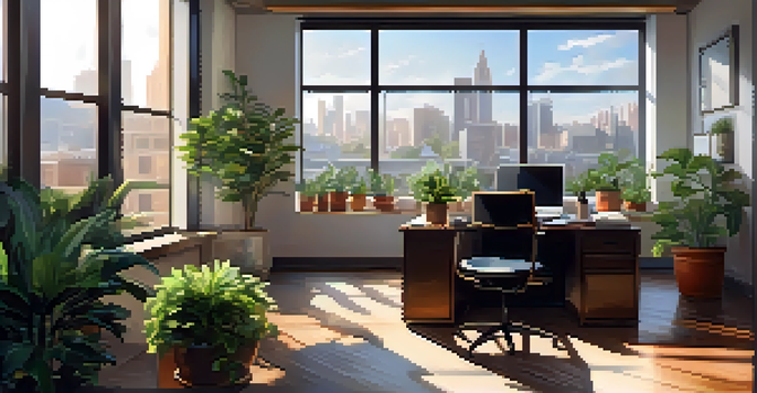 An office scene with a wooden desk, laptop, and coffee cup, illuminated by natural light from a large window overlooking a city.