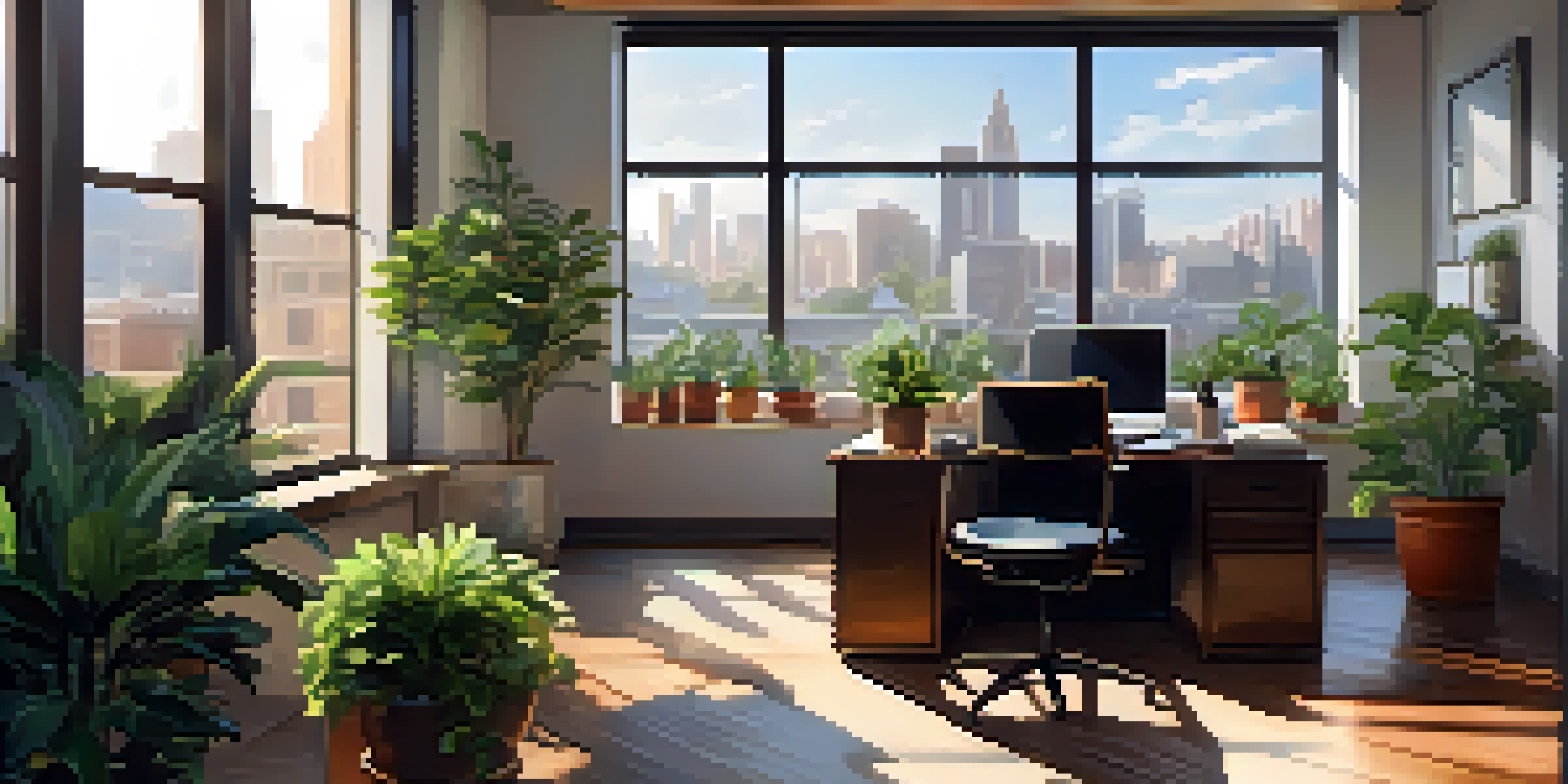 An office scene with a wooden desk, laptop, and coffee cup, illuminated by natural light from a large window overlooking a city.