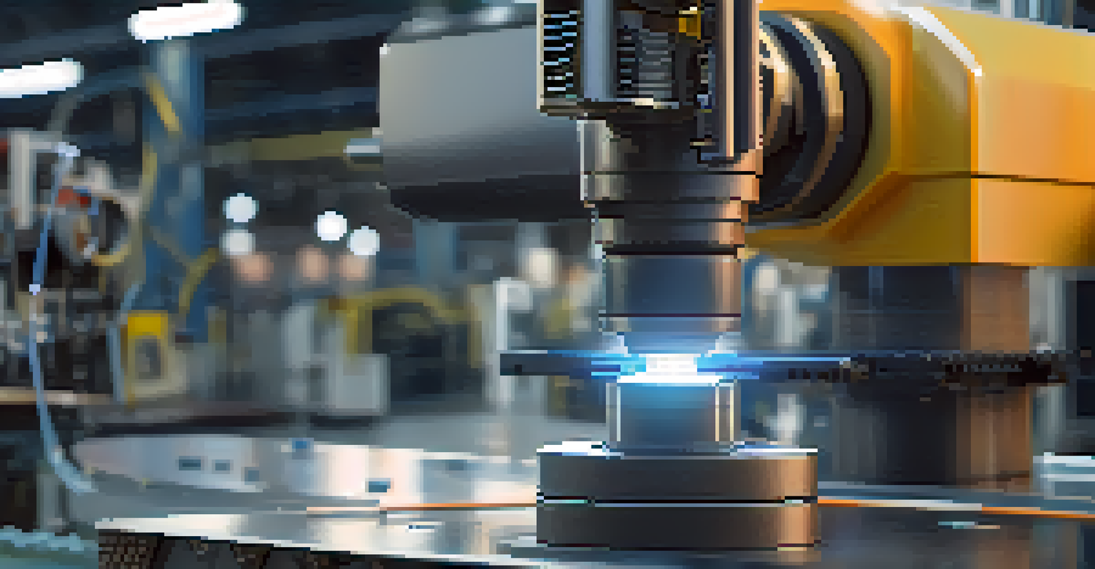 A close-up view of a shiny IoT sensor being installed on an industrial machine, with a factory backdrop.