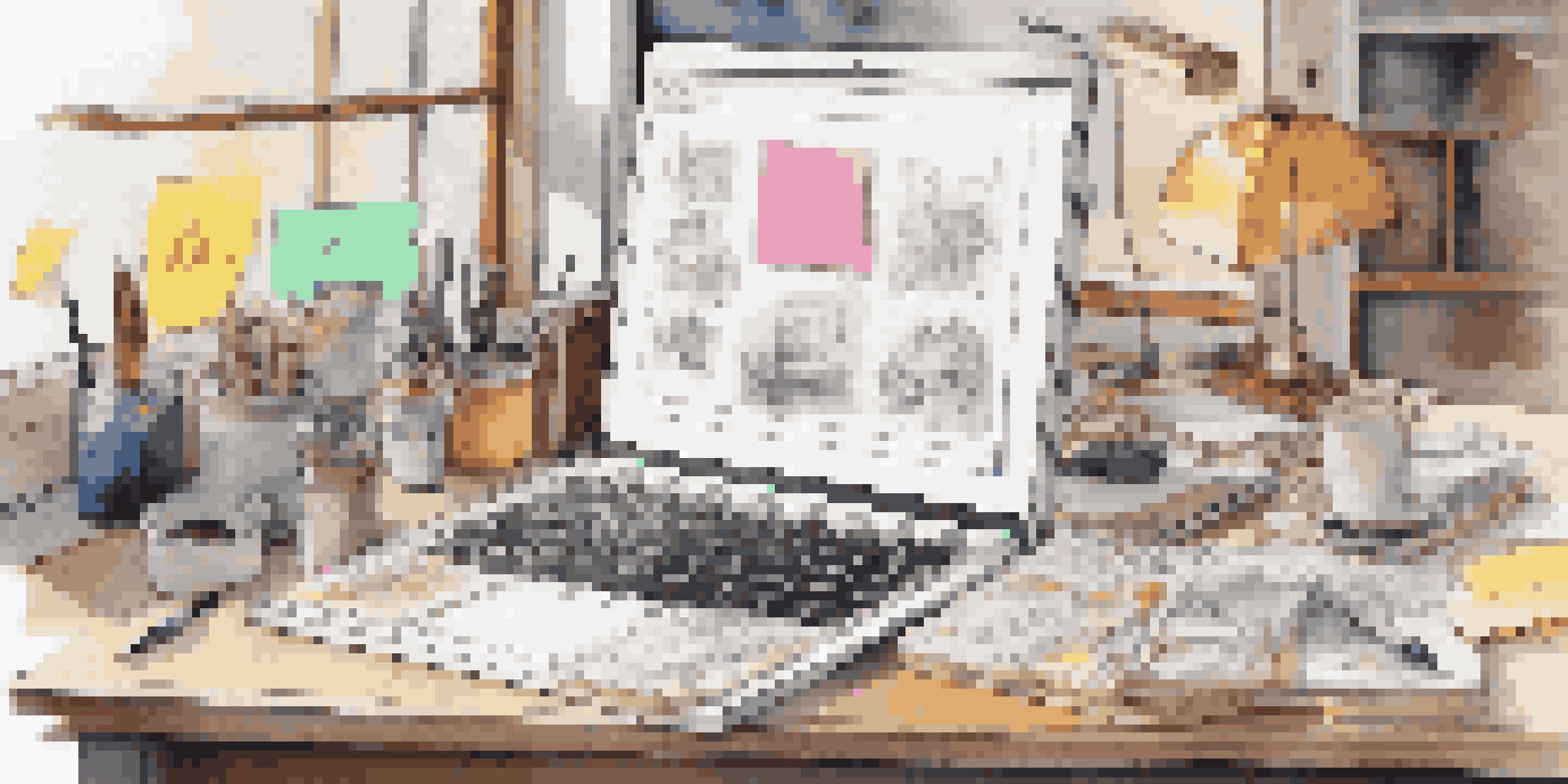 A designer's workspace with sketches, a laptop displaying a user interface design, sticky notes, and a coffee cup, illuminated by natural light.