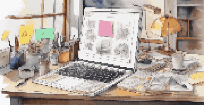 A designer's workspace with sketches, a laptop displaying a user interface design, sticky notes, and a coffee cup, illuminated by natural light.