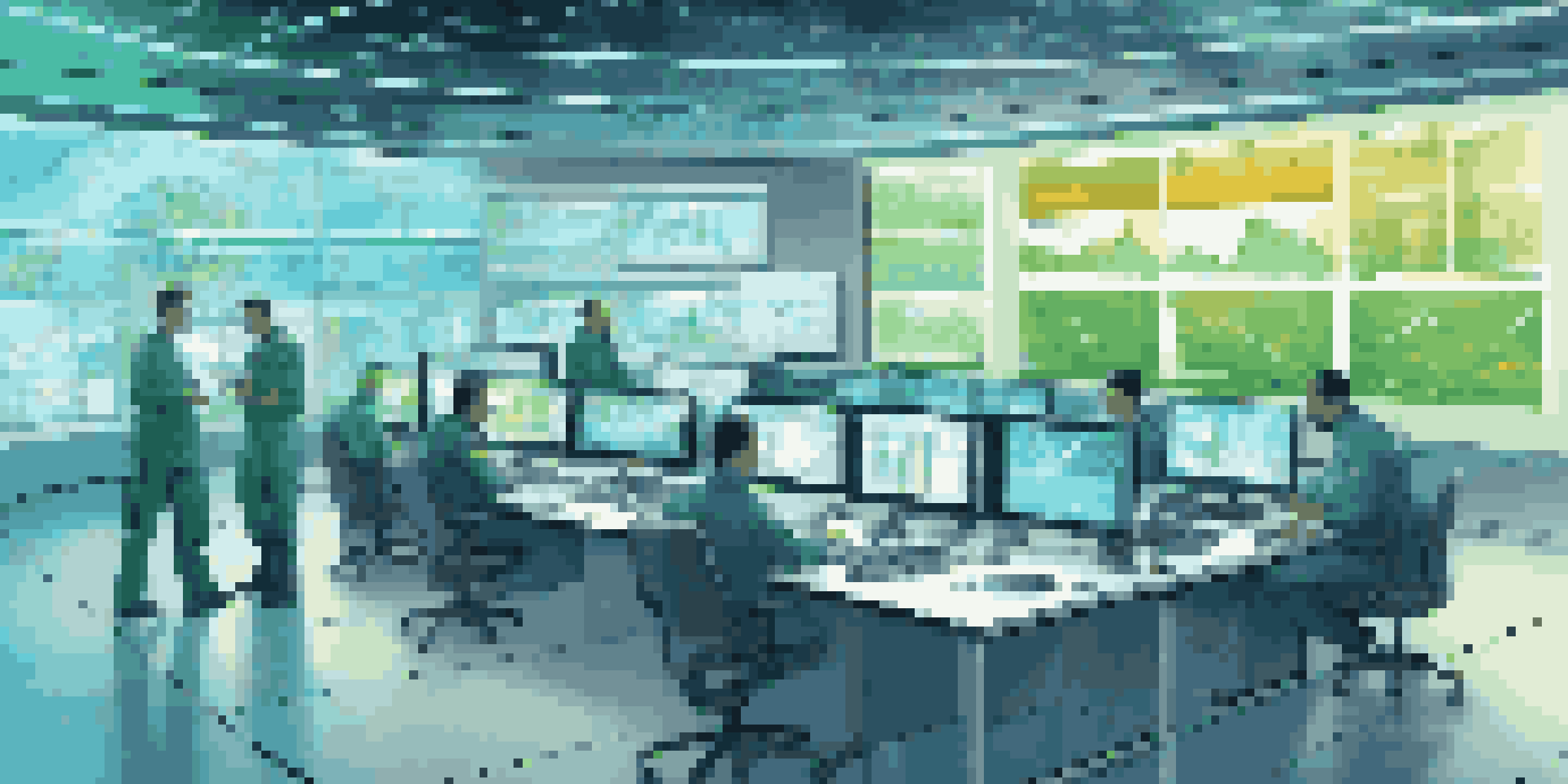 A high-tech control room for a smart grid, with engineers analyzing data on large screens and renewable energy diagrams on the walls.