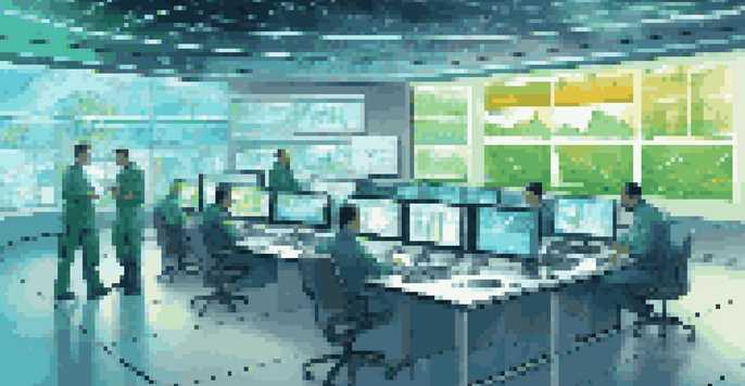 A high-tech control room for a smart grid, with engineers analyzing data on large screens and renewable energy diagrams on the walls.