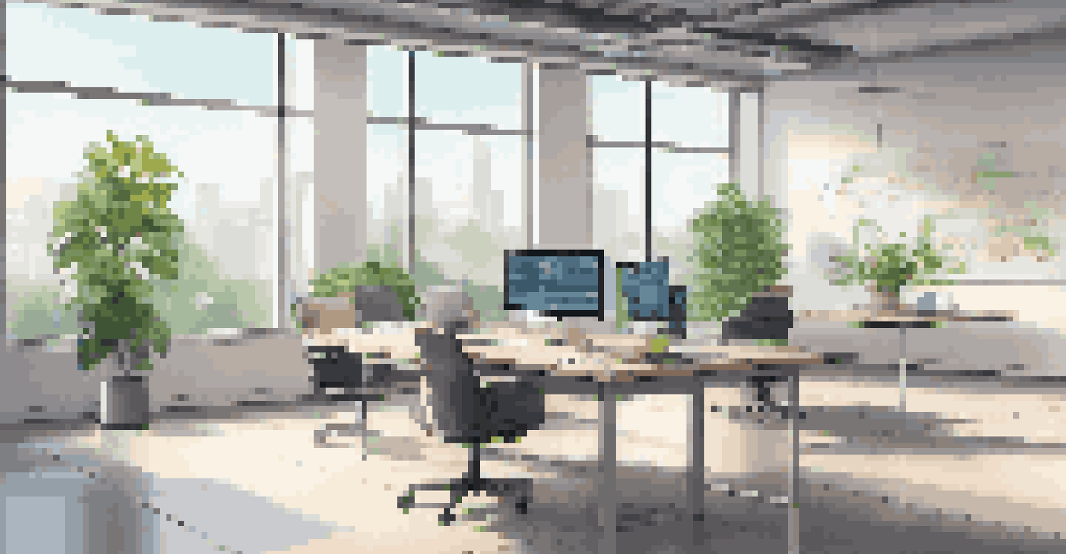 A modern office with a large window, sleek furniture, and plants, showcasing a digital display with graphs.