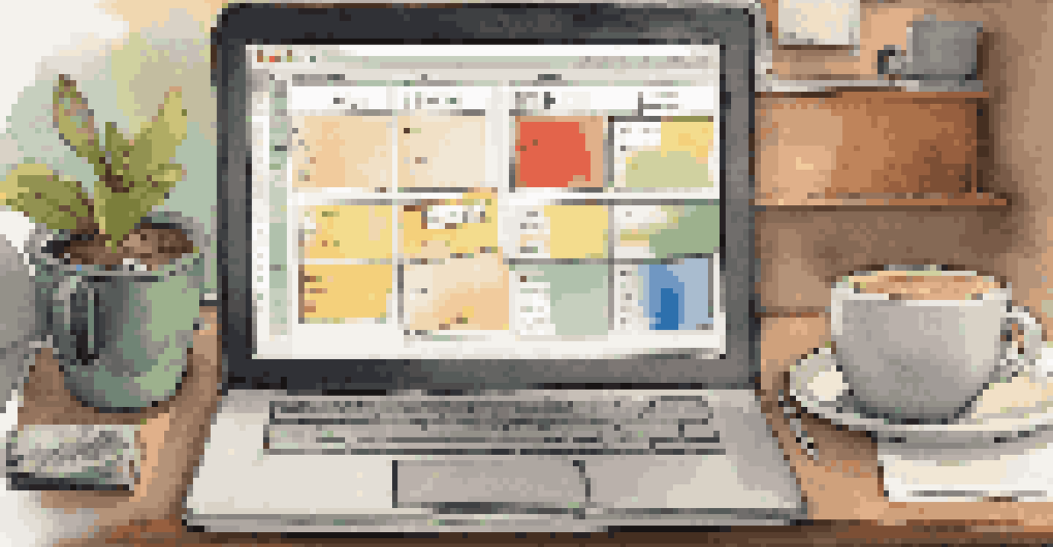 A close-up of a digital Kanban board on a laptop screen, surrounded by a cup of coffee and a notebook in a cozy workspace.