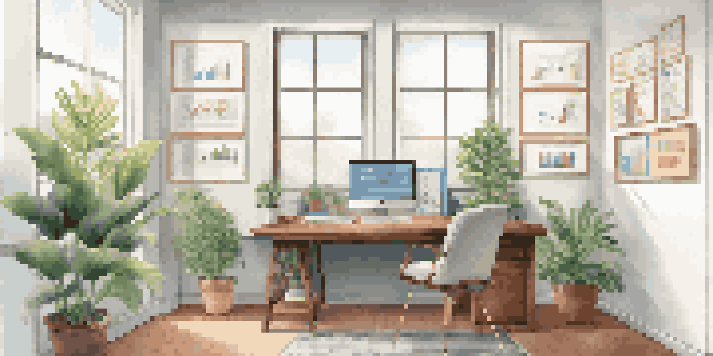A bright office with a wooden desk, an open laptop showing colorful graphs, and a large window with natural light.
