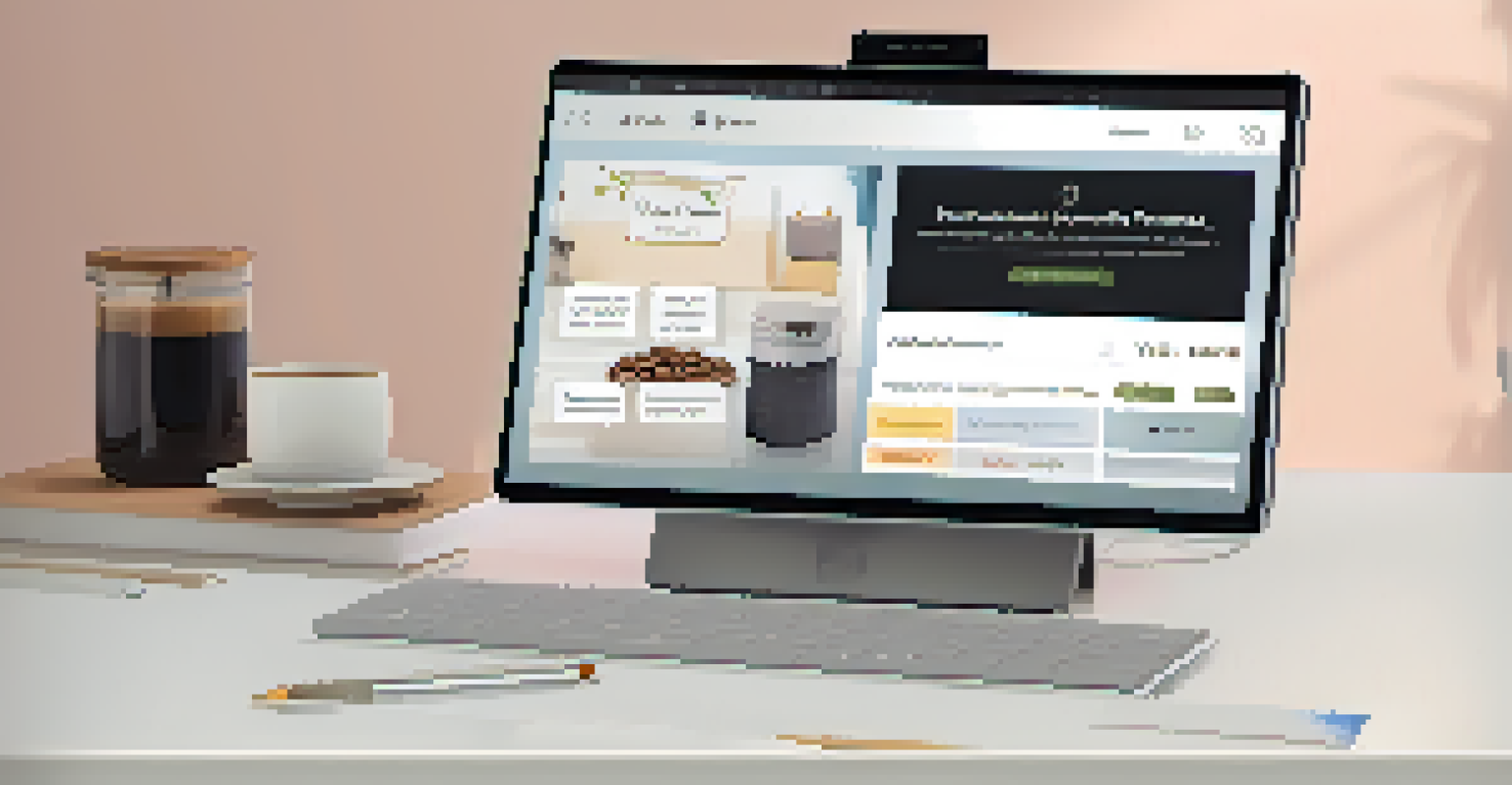 A tablet displaying an e-commerce website with voice interaction options, placed on a stylish desk with a cup of coffee.