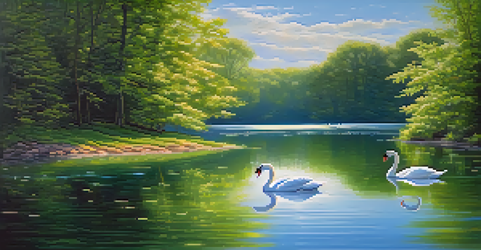 A peaceful lake scene with swans and surrounding greenery under a clear blue sky.