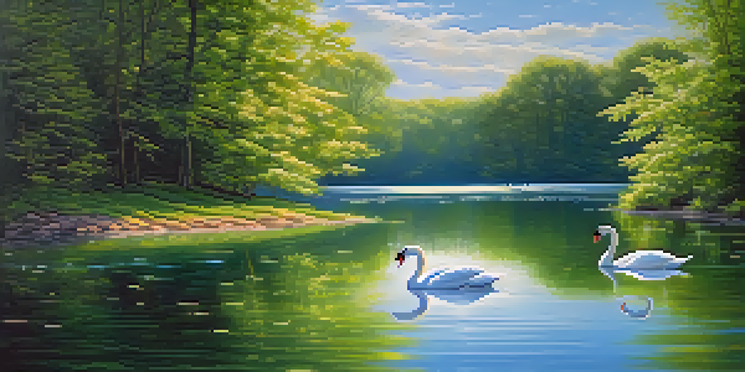 A peaceful lake scene with swans and surrounding greenery under a clear blue sky.