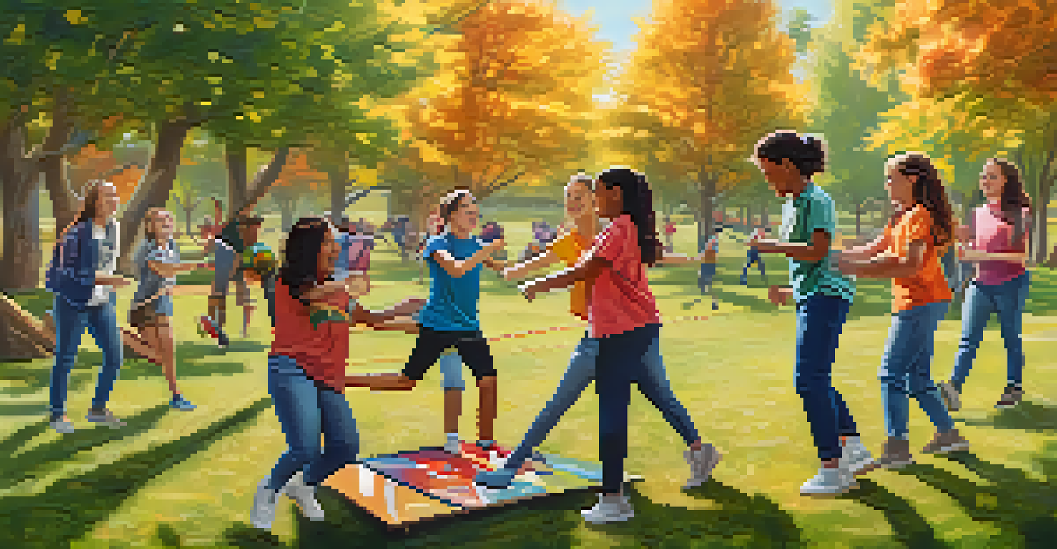 Students outdoors participating in a collaborative team challenge with colorful banners and a sunny backdrop.