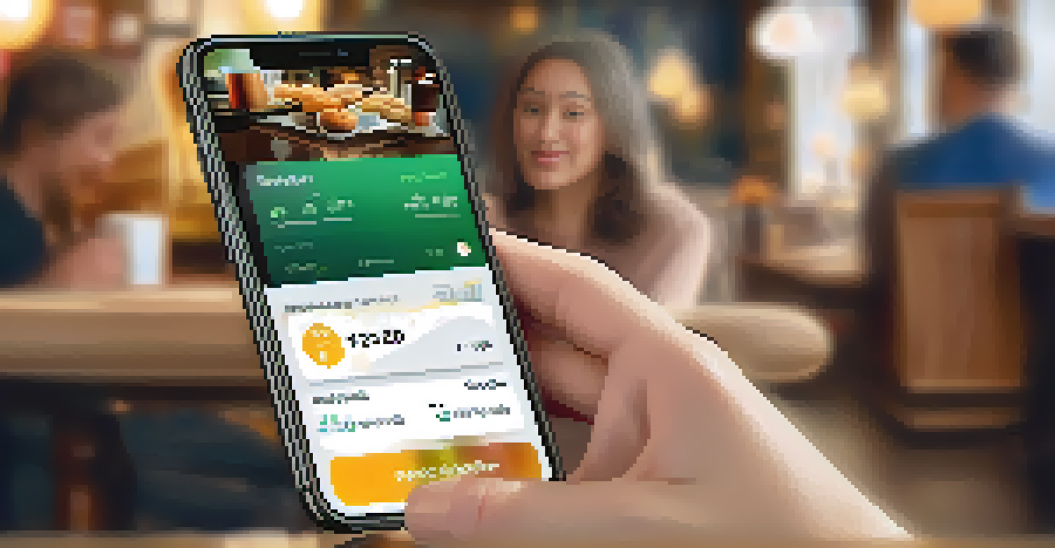 A close-up of a hand with a smartphone showing personalized payment options in a cozy coffee shop setting.