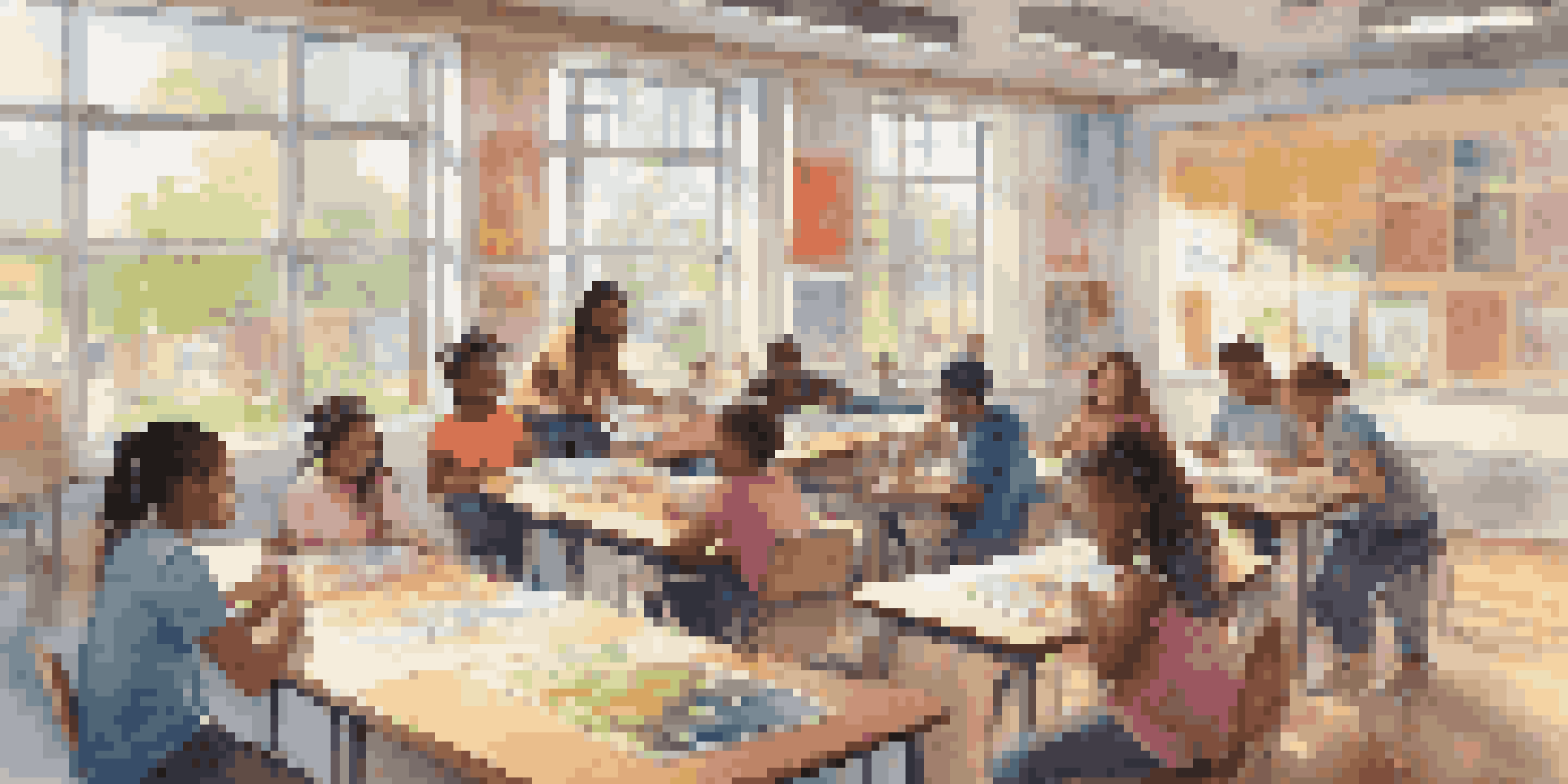 A bright classroom with students of various backgrounds collaborating on a project at a round table, surrounded by colorful educational posters and sunlight.