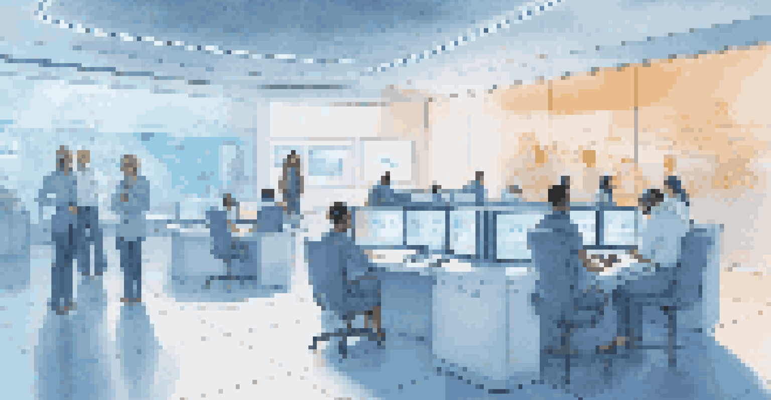 A futuristic customer service center with AI assistants helping customers and representatives using advanced technology.