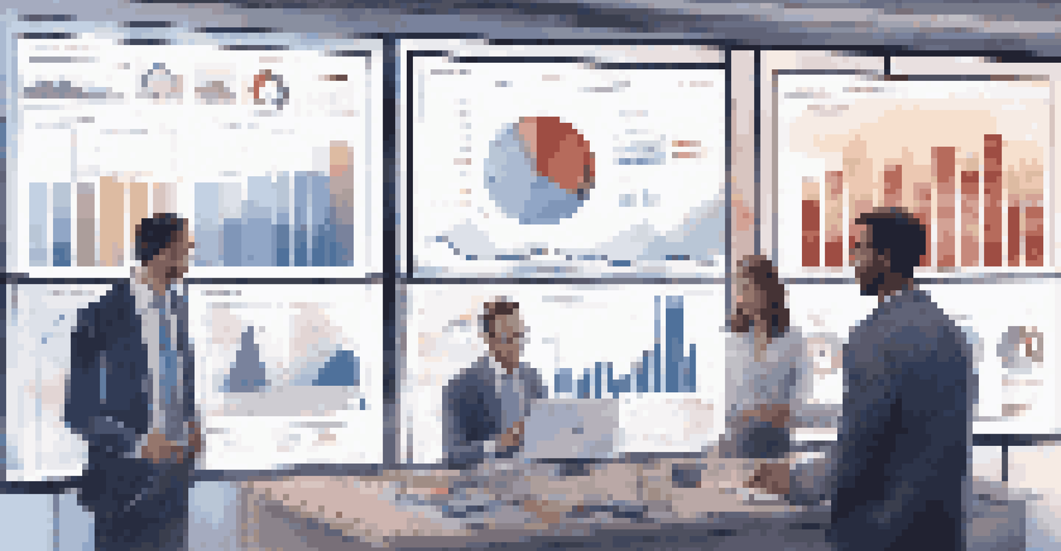 A digital screen showing financial visualizations surrounded by a diverse team members in a modern office discussing the data.