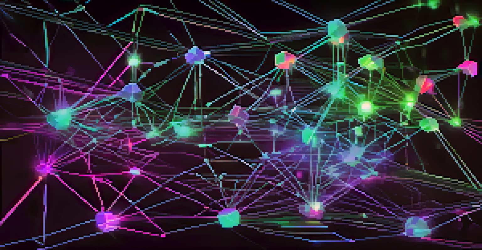 An abstract visualization of a blockchain network with glowing nodes and lines symbolizing smart contracts.