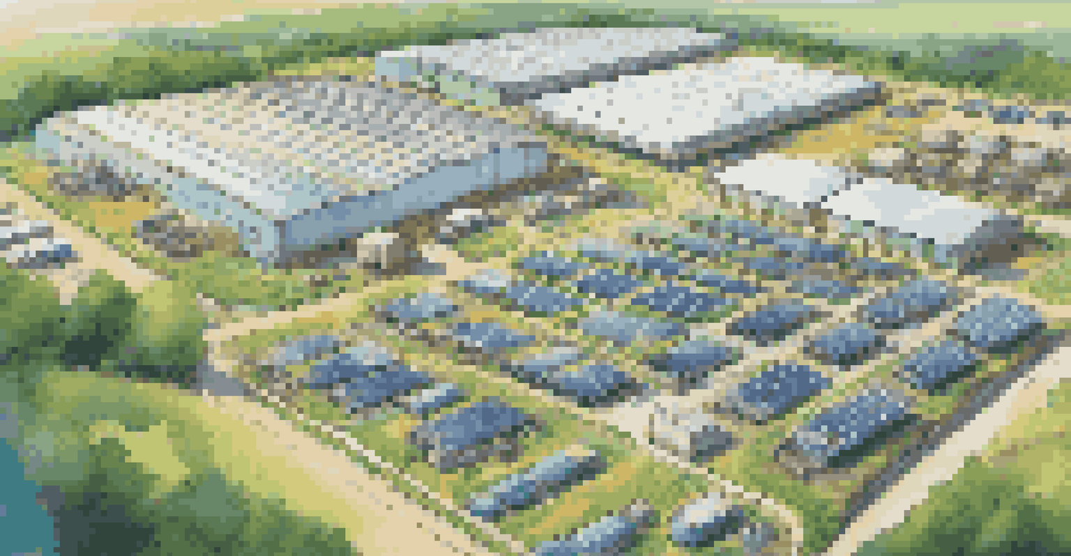 An aerial view of a waste management facility with collection trucks and green surroundings, emphasizing sustainable practices.