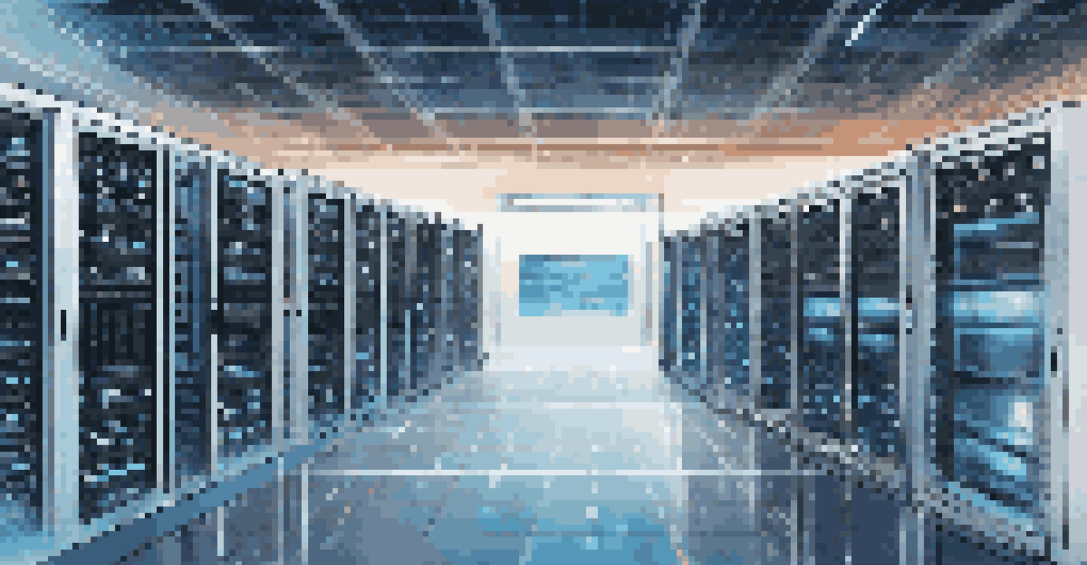 A compact data center with fewer physical servers and glowing icons representing virtual machines, showcasing efficiency.
