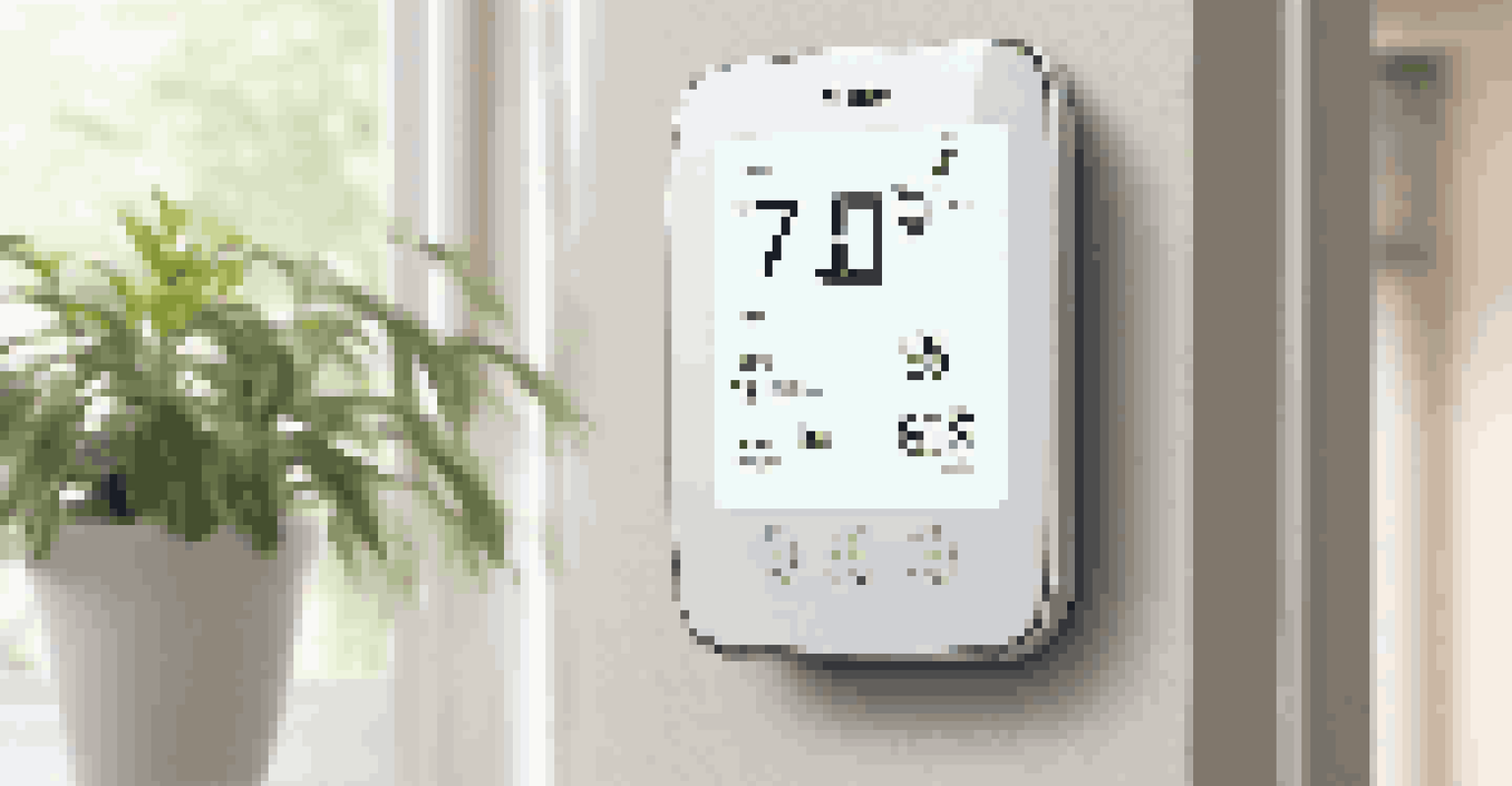 A modern smart thermostat on a wall in a well-lit room with plants in the background.