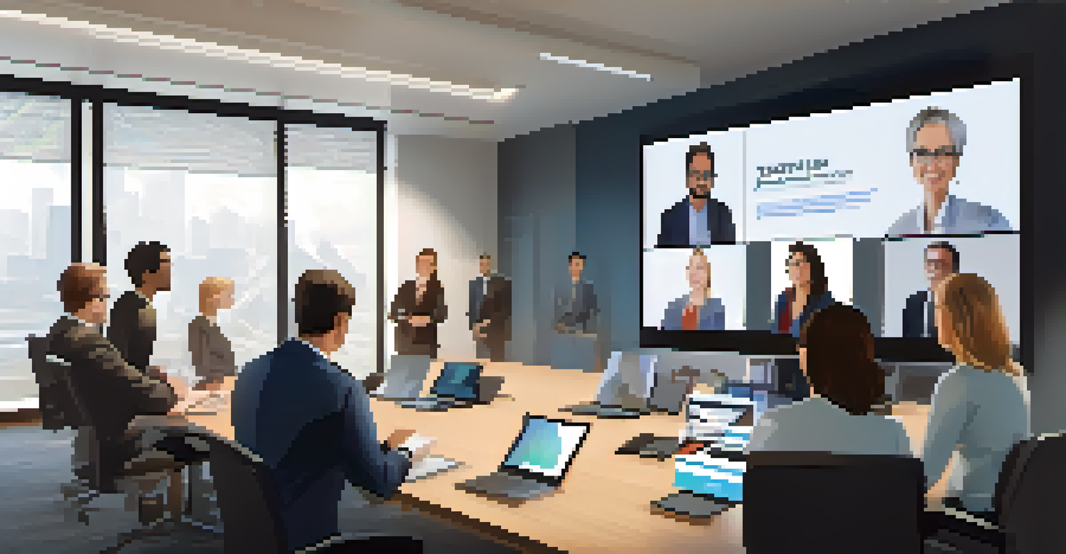 A video conference team meeting with participants on a large screen, showcasing modern technology and engaged discussions.