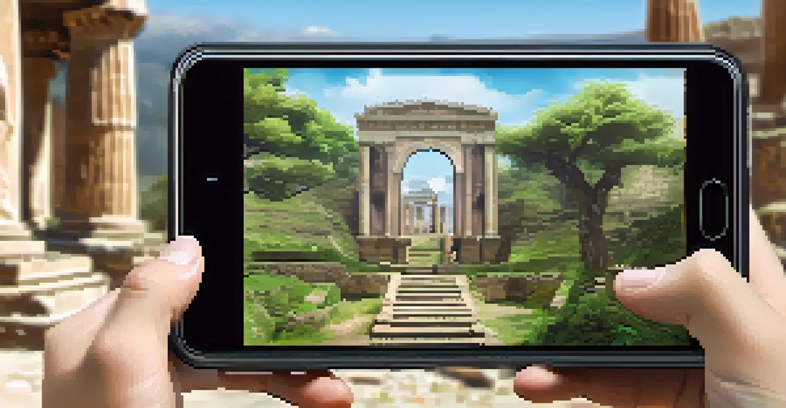 A traveler exploring historical ruins with augmented reality, seeing digital overlays of information and virtual guides amidst a beautiful landscape.