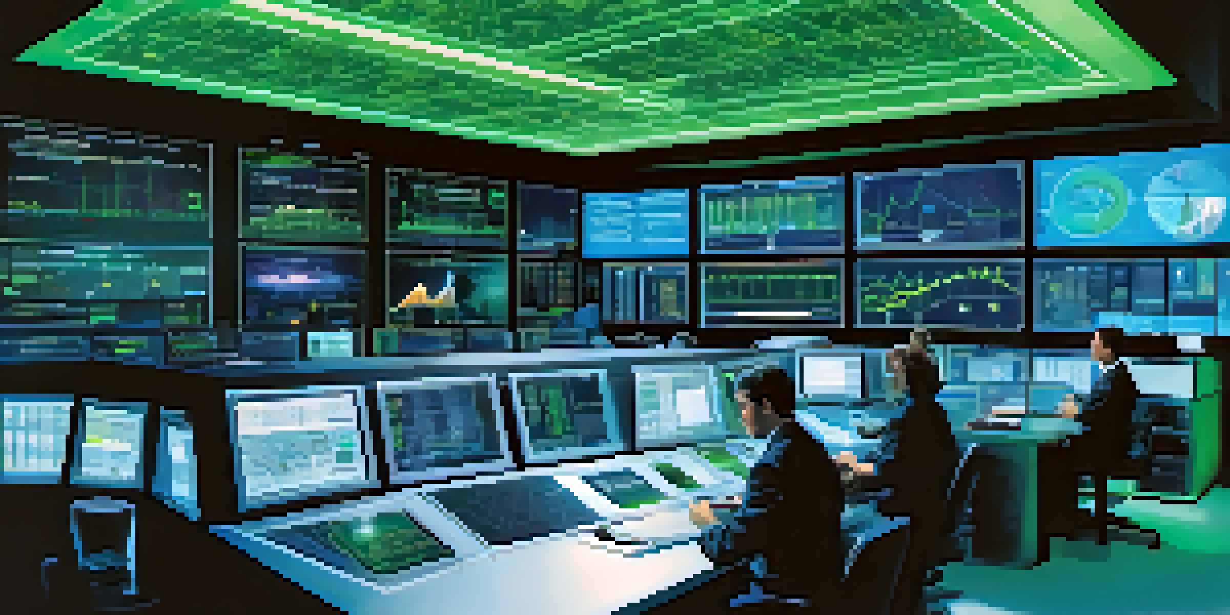 A control room with technicians monitoring predictive maintenance data on large screens, illuminated with blue and green lighting.