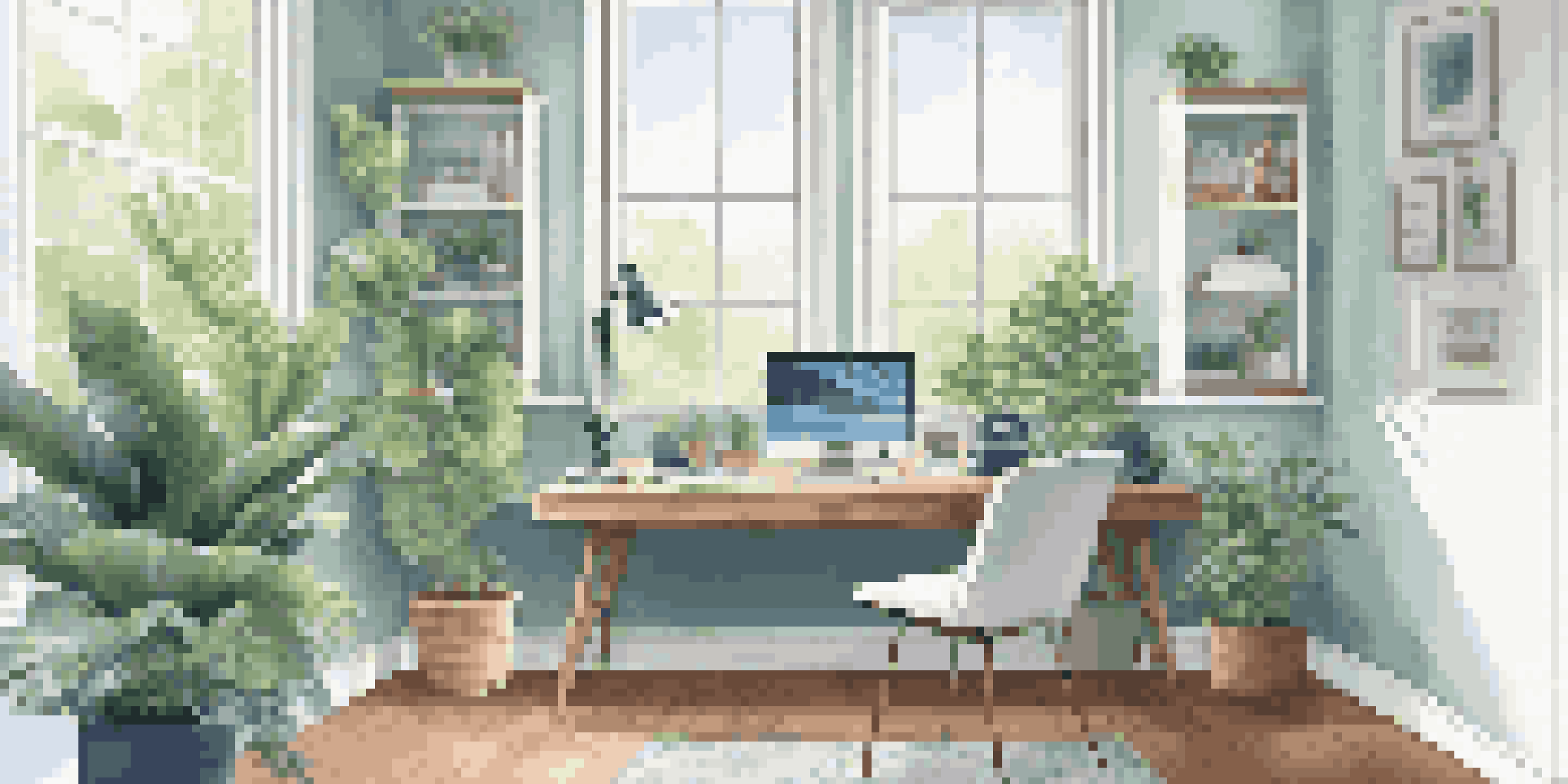 A modern home office with a laptop and microphone, natural light, and green plants.