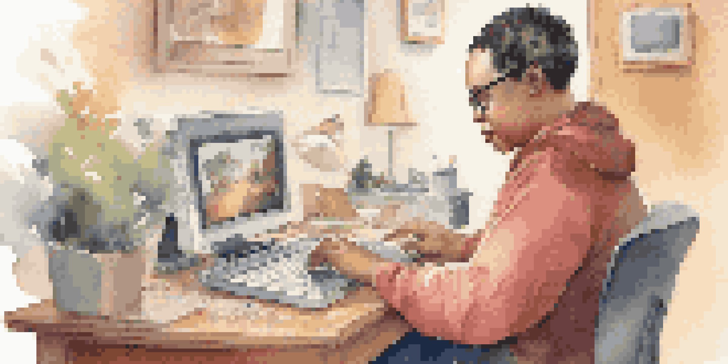 A visually impaired person engaged with a laptop using assistive technology in a warm and inviting workspace.