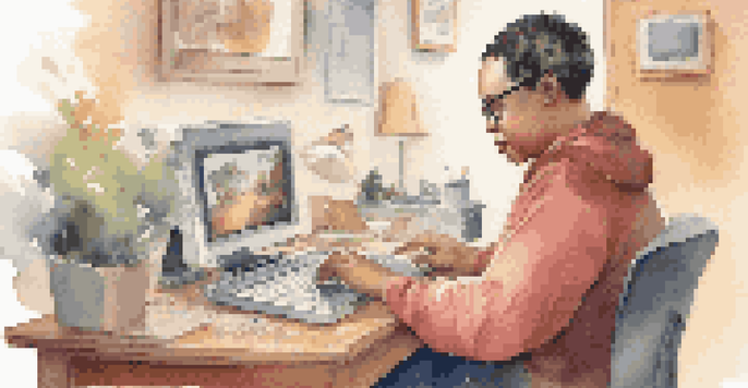 A visually impaired person engaged with a laptop using assistive technology in a warm and inviting workspace.