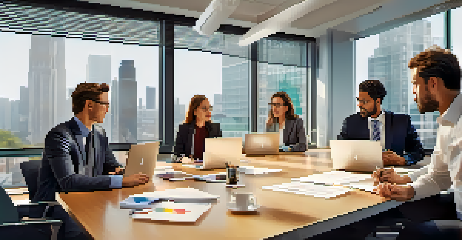 A diverse team in a conference room collaborating and brainstorming ideas together.