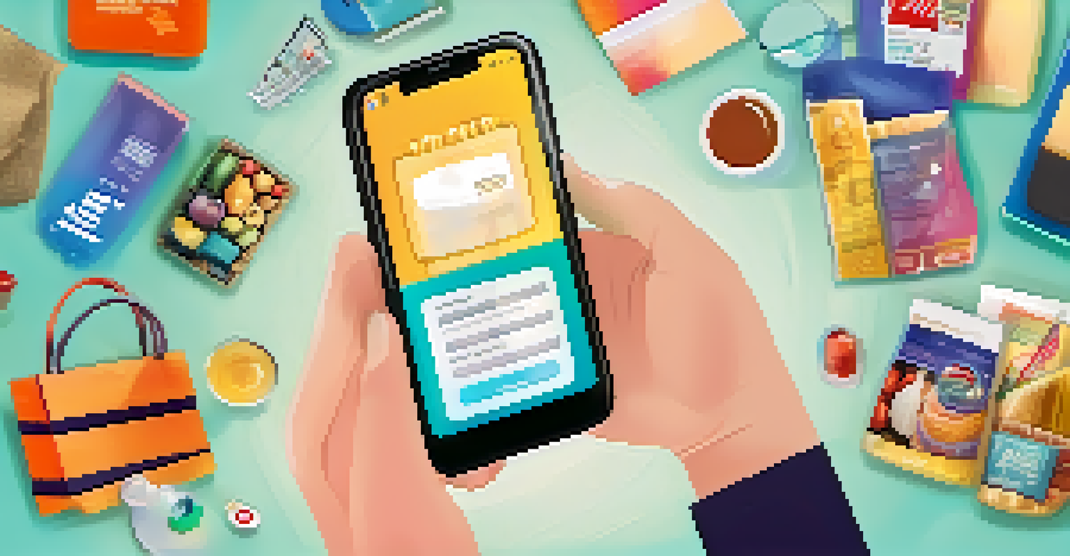 A close-up of hands holding a smartphone showing an online shopping app, surrounded by colorful product images.