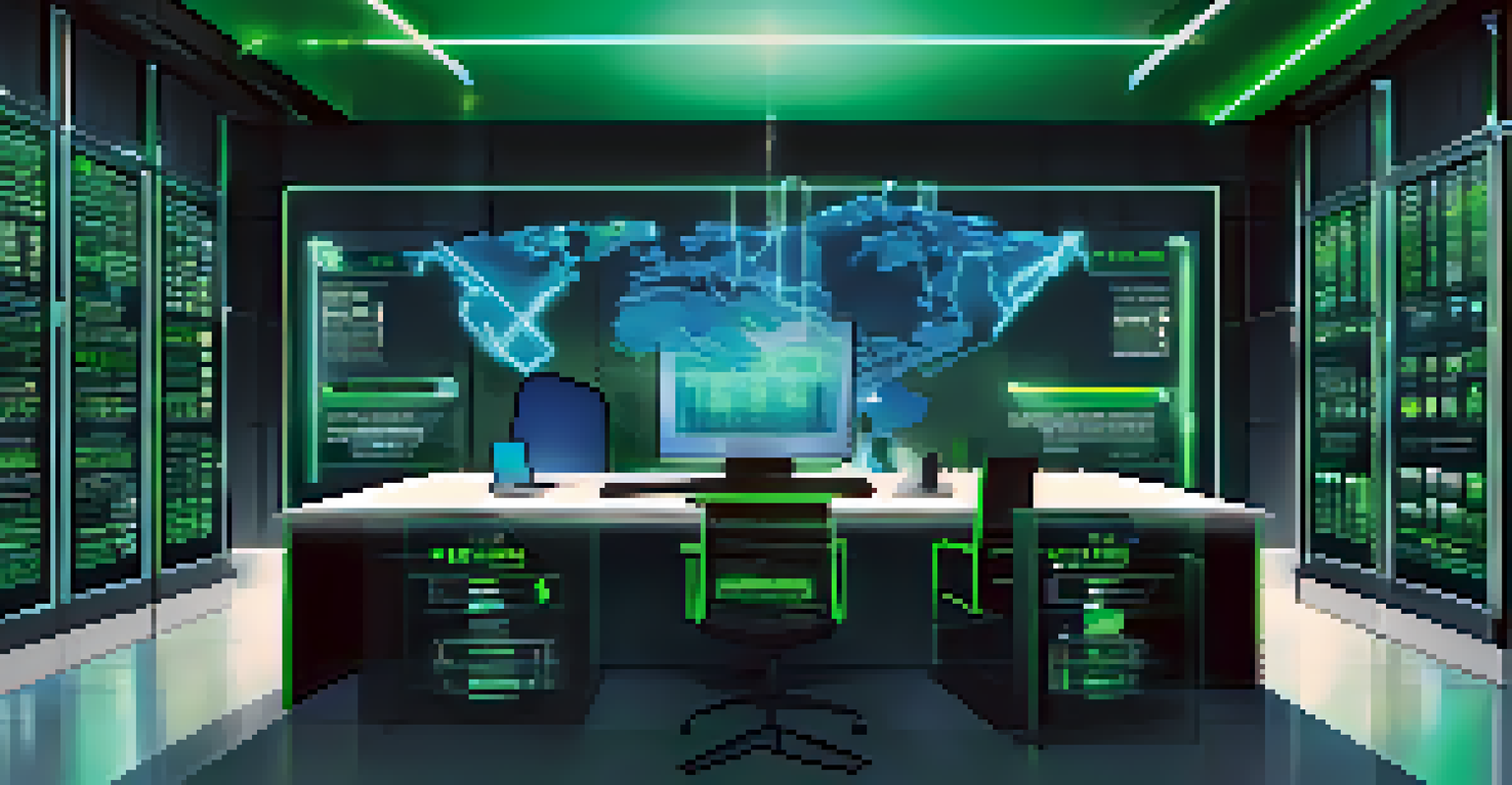 A digital vault with glowing locks, representing secure blockchain transactions, set in a modern office environment.