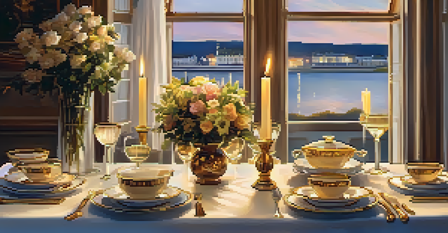 A beautifully arranged dining table with candles and flowers, set for an intimate dinner.