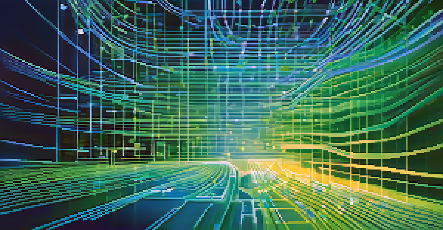 An abstract image depicting augmented analytics with vibrant data points and flowing lines in blue and green hues.