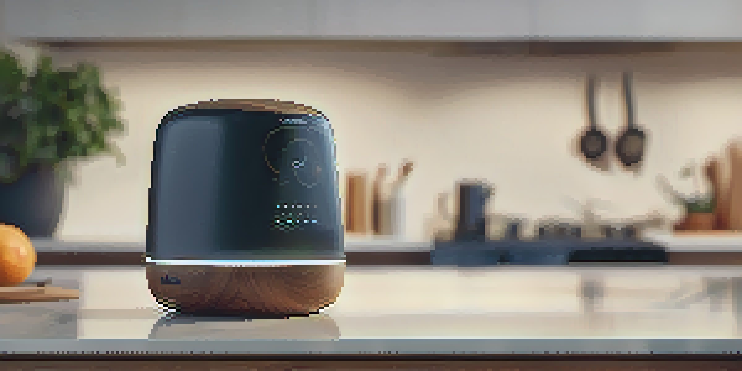 A modern voice recognition device on a kitchen countertop with a person using it in a cozy setting.