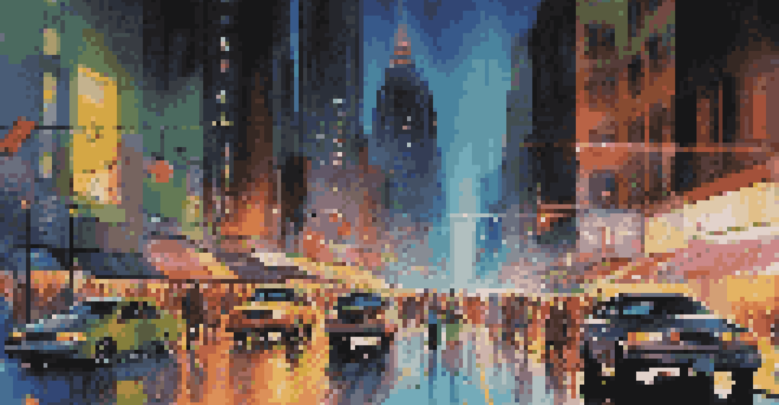 A vibrant city scene at night with neon lights, towering skyscrapers, and busy streets filled with people and cars.