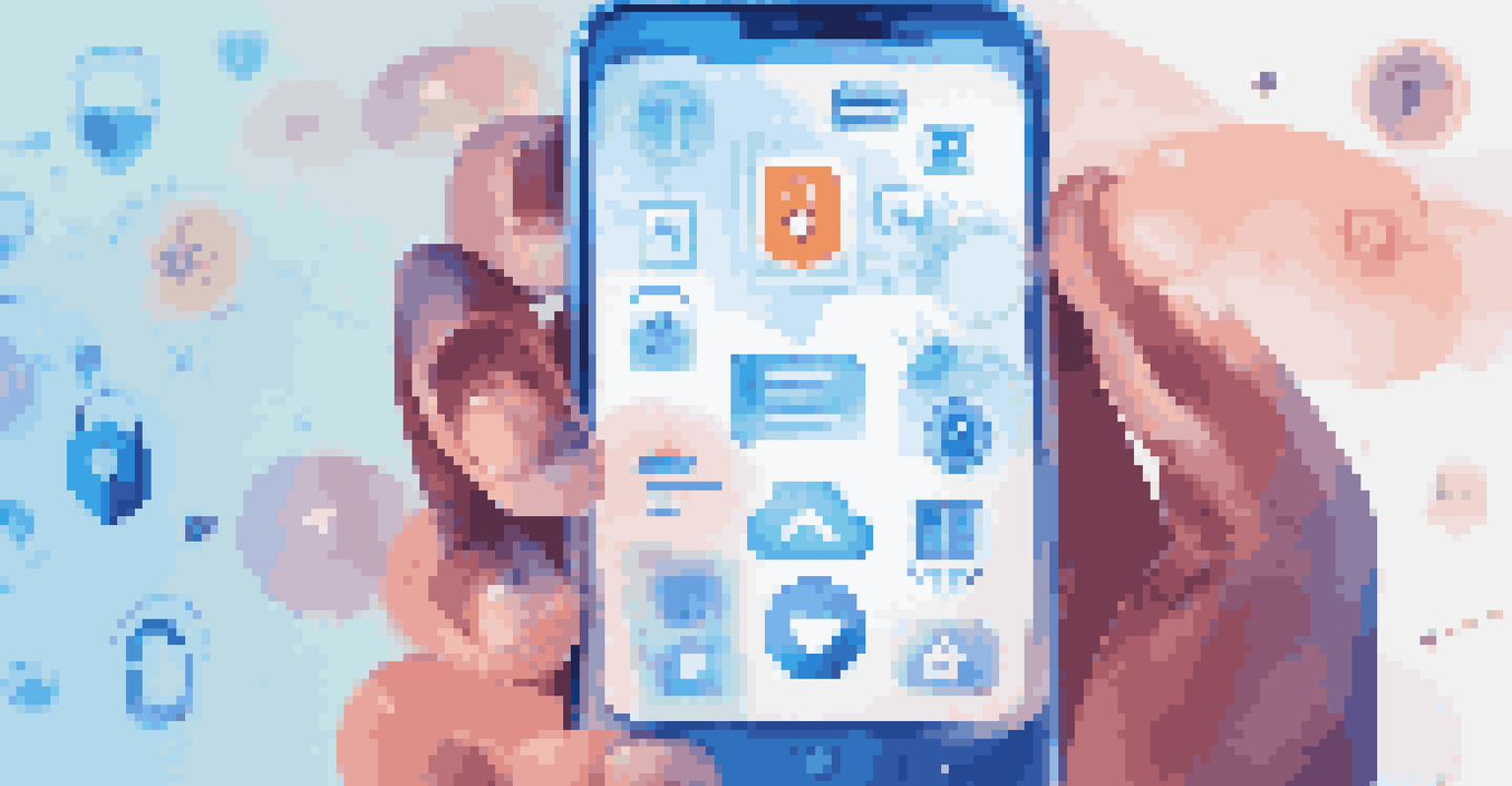 A hand holding a smartphone with a privacy settings interface, surrounded by icons representing data security.