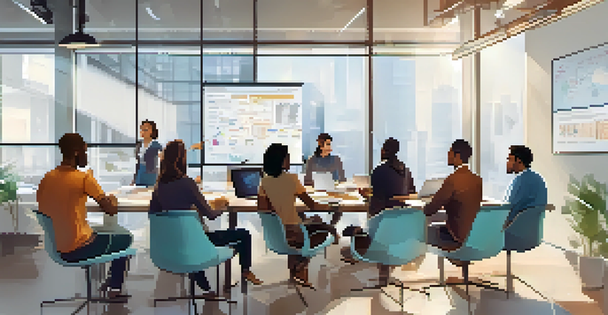 A diverse group of software developers in a meeting, discussing ideas around a whiteboard with diagrams, in a bright modern office.