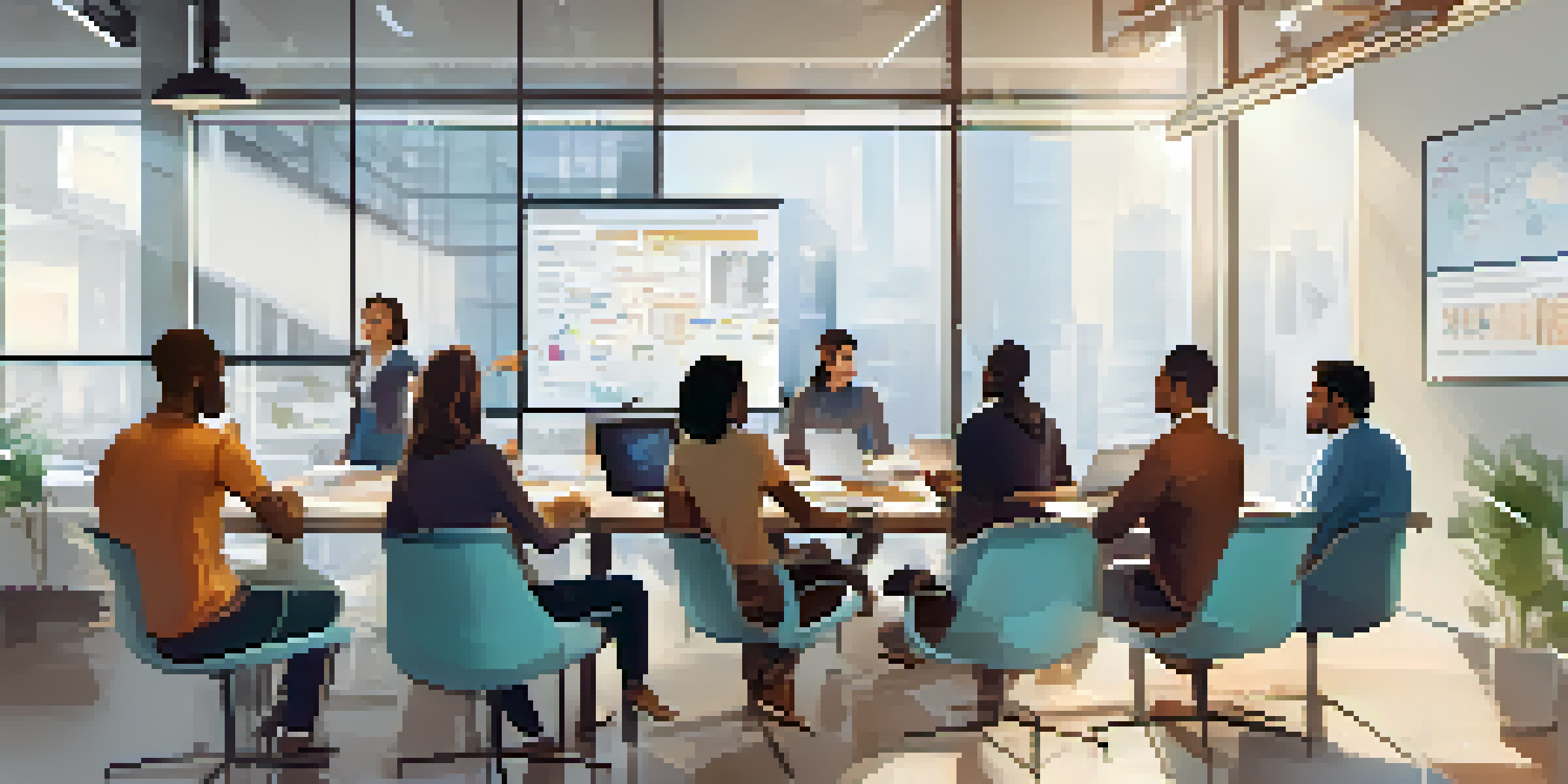 A diverse group of software developers in a meeting, discussing ideas around a whiteboard with diagrams, in a bright modern office.